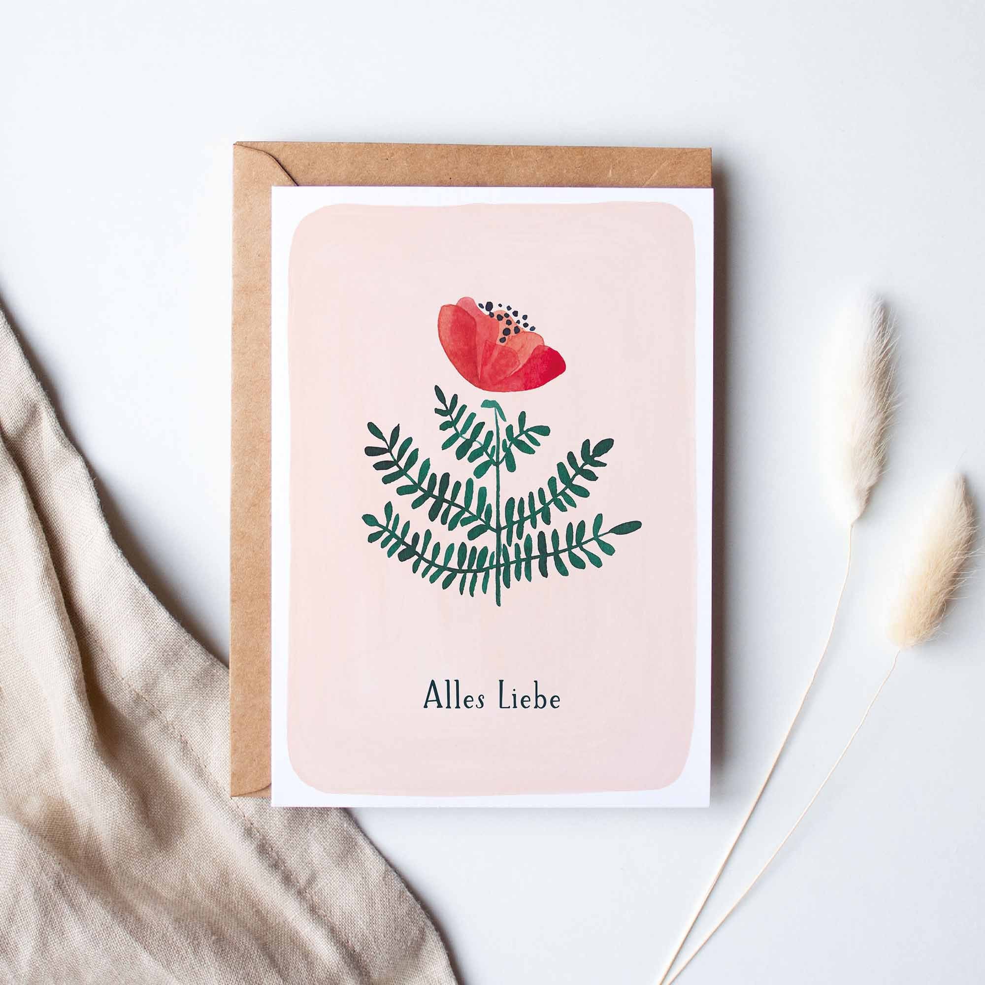 Grußkarte - Alles Liebe mit roter Wildblume