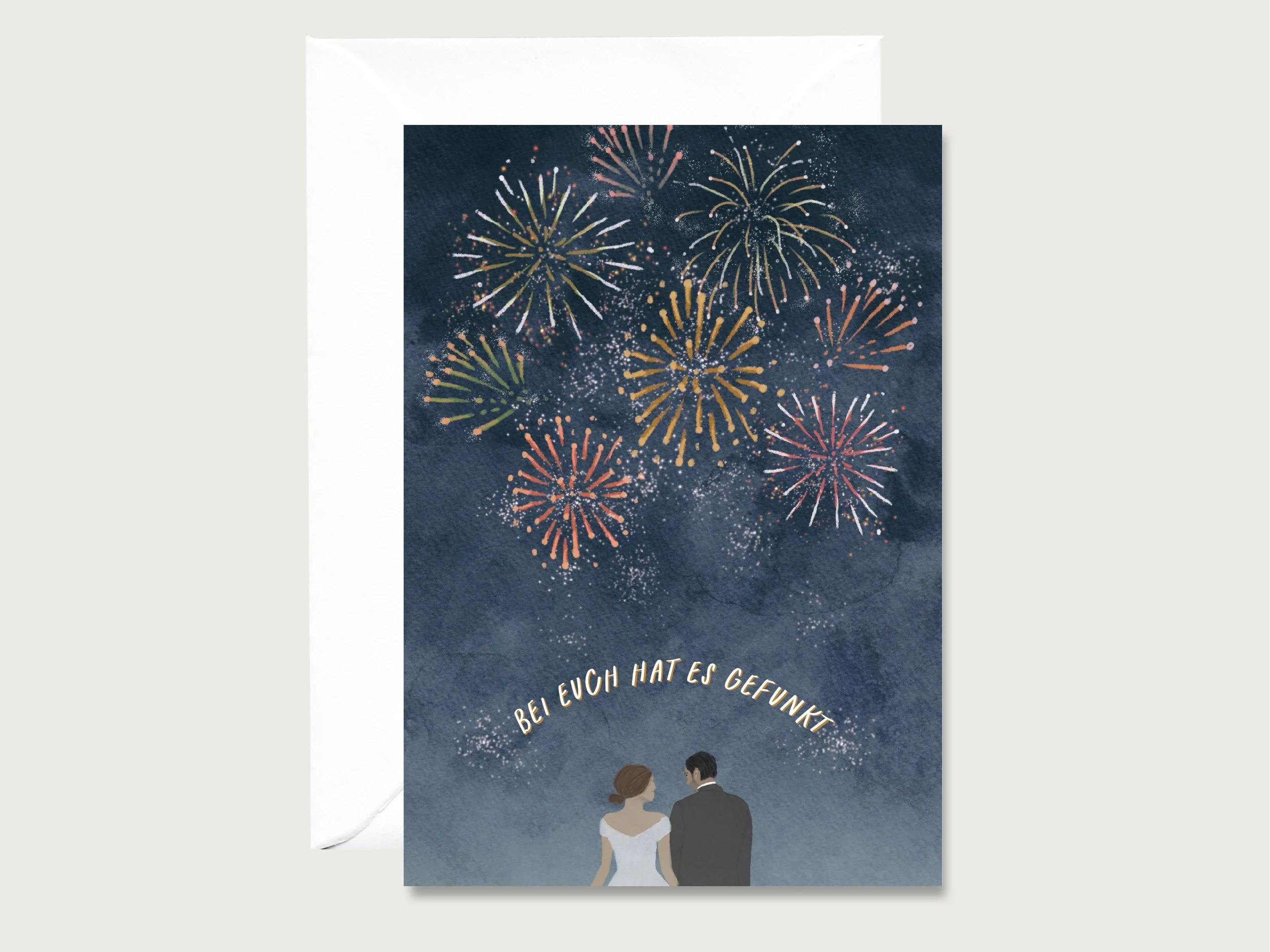 Hochzeitskarte - Bei euch hat es gefunkt - Ehepaar mit Feuerwerk