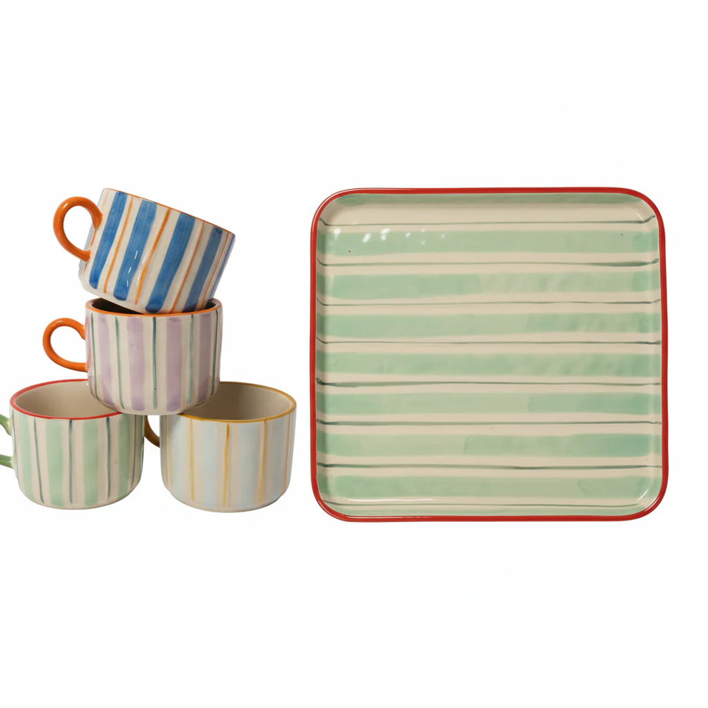 Geschirr - Set | 4 Tassen & Servierplatte - gestreift - Image 8